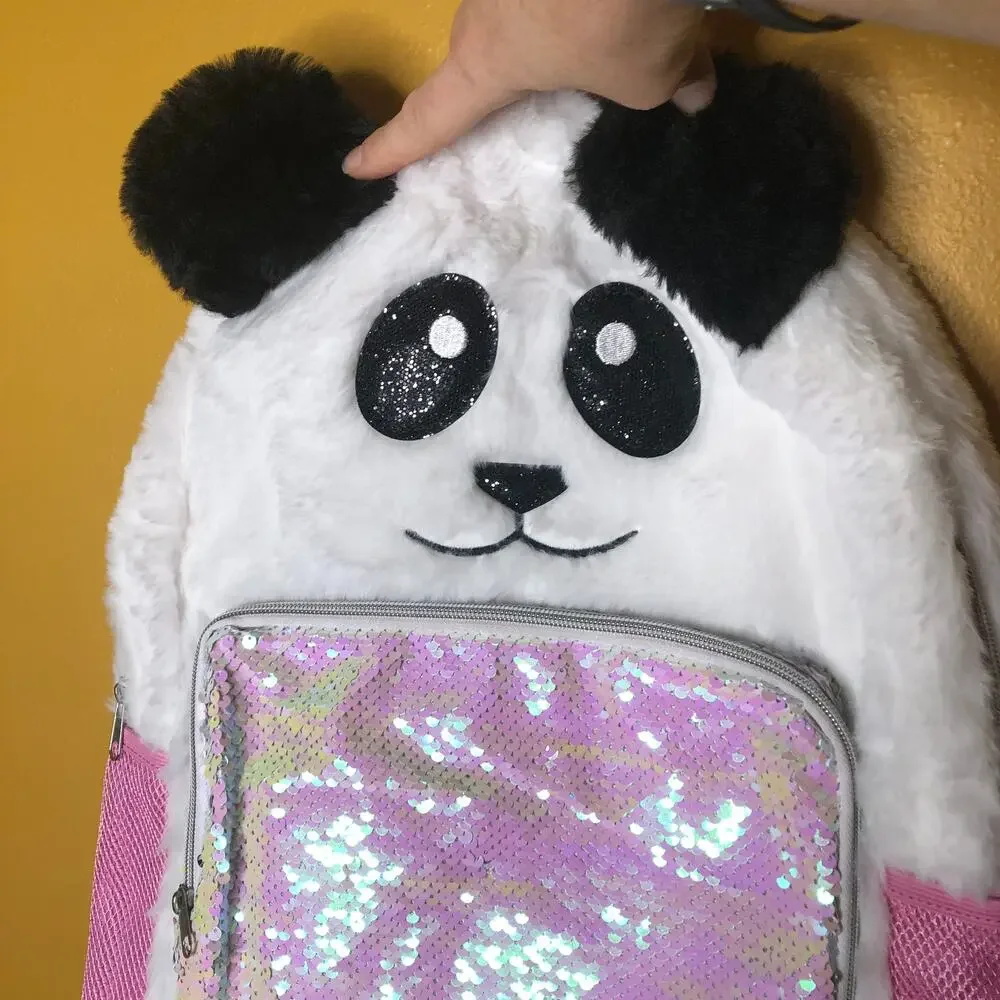 Sequin Bear Fuzzy Pink Backpack, New!